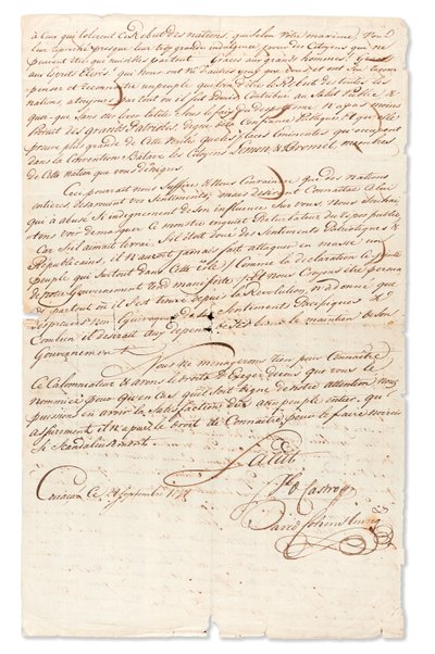 1798年9月8日、ウィンドワード諸島、キュラソーのエグゼクティブディレクトリのビクターヒューズ特別捜査官に宛てた「JbdCastro」と「DavidCohenHenriq」に署名された原稿の手紙（紙にインク） 作： Unbekannt
