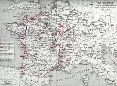 シャルル7世時代と1422年から1461年のイギリス追放後のフランス地図（シャルル7世時代のフランス地図）Houzeの "Atlas Universel "より。 作： Unbekannter Künstler