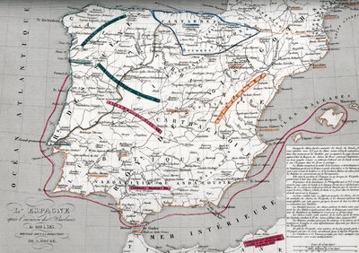 ゲルマン・イスパニア時代のスペイン地図、409-585 (Map of Spain at the times of Germanic Hispania) エングレーヴィング from "Atlas Universel" by Houze 作： Unbekannter Künstler