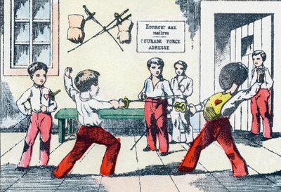 武器の達人。Alphabet militaire enfantin "に掲載された版画。1890年頃のポン・ア・ムソンのイメージ。20ページ。寸法：28.5x21cm 作： Unbekannt
