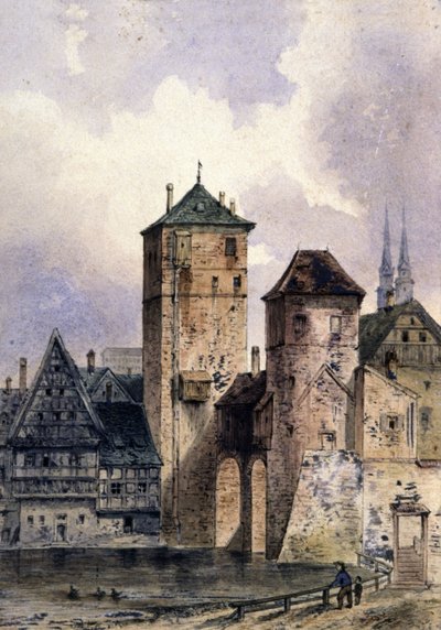ライン川沿いの中世都市、1850-1900年頃（水彩画） 作： Unbekannter Künstler
