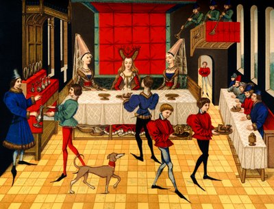 中世のテーブルサービス-15世紀、使用人たちから夕食を振舞われる貴婦人 作： Unbekannter Künstler