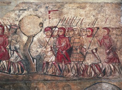 征服者として知られるアラゴン王ジェームズ1世が主宰する軍事集会（バルセロナ、パラウ・レイアル・マジョールのフレスコ画 作： Unbekannter Künstler