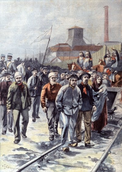 1906年頃、クールリエールでストライキ中の鉱夫たち（イラスト）。 作： Unbekannter Künstler
