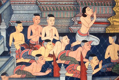 僧侶たち。ラーマ3世の時代に作られたヴィハーラの内壁には、ラマキアンを描いた壁画が描かれています。ワット・ポー（Wat Pho） - ワット・プラ・チェットゥフォン（Wat Phra Chettuphon）。1788.バンコク。タイ 作： Unbekannt