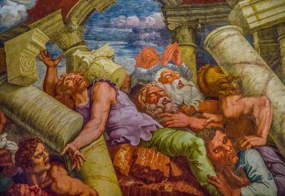マニエリスムの最も有名なフレスコ画: ジュリオ ロマーノの幻想がドームを発明し、部屋の建築を巨人の崩壊、巨人のホールに溶かす 作： Unbekannter Künstler