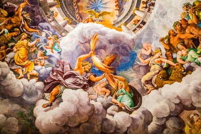 マニエリスムの最も有名なフレスコ画: ジュリオ ロマーノの幻想がドームを発明し、部屋の建築を巨人の崩壊、巨人のホールに溶かす 作： Unbekannter Künstler