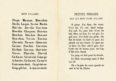 音節のある言葉と、1音節の言葉を使った小さな文章 - 「ABCD des petites filles」から引用したエングレービング。Pellerin & Cie, imprimeur-editeur, Epinal , circa 1890.シリーズA。寸法 : 19 x 13,5 cm 作： Unbekannt