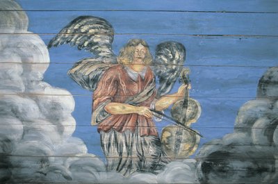 木製の壁に描かれた壁画（ラトビア、リガの民族誌野外博物館 作： Benjamin Baud