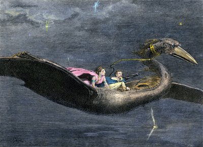 神話と伝説：ロク（アラブ・ペルシャ神話の巨大な鳥。千夜一夜物語に登場する）。19世紀の彩色エングレーヴィング。 作： Unbekannter Künstler