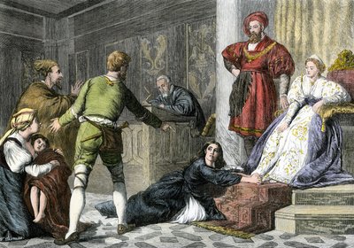 神話と伝説：中世に魔女として告発されたユダヤ人の娘。19世紀のカラー版画。 作： Unbekannter Künstler