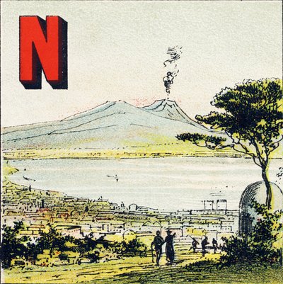 N：ナポリ。イタリアの中西部に位置する素晴らしい都市 - Alphabet geographiqueから引用したエングレービング。Guerin-Muller et Cie, editeurs, Paris. 作： Unbekannt