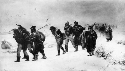 1812年のナポレオン戦争、フランス軍の退却（プリャニシュナコフの絵画より）。 作： Unbekannt
