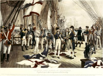 ナポレオン戦争：トラファルガーの海戦におけるホレイショ・ネルソン提督の最後の信号（1758年～1805年 作： Unbekannter Künstler