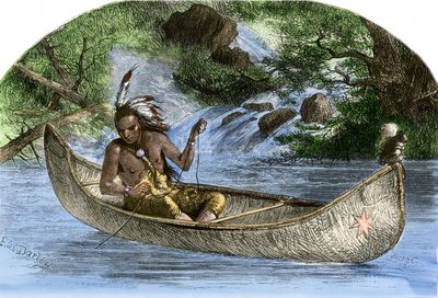 アメリカの先住民：インディアン。カヌーで釣りをするハイアワサ。19世紀のカラーエングレーヴィング。 作： Unbekannter Künstler