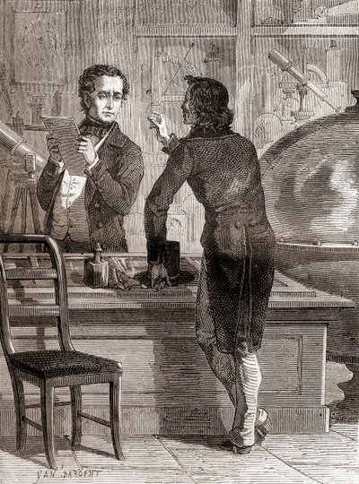 シャルル・シュヴァリエの光学機器店で、まだ無名で貧乏だったニケフォレ・ニエプス（1870年頃出版の『科学の傑作』より）（エングレーヴィング 作： Unbekannt
