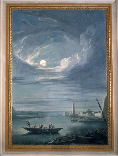 漁師たちのいる夜景。コンシリオ広間のフレスコ画 作： Unbekannter Künstler