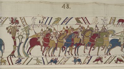 ハロルドとの戦いのためにヘイスティングスを出発するノルマン兵（バイユータペストリー）（リネンにウール刺繍 作： Unbekannt