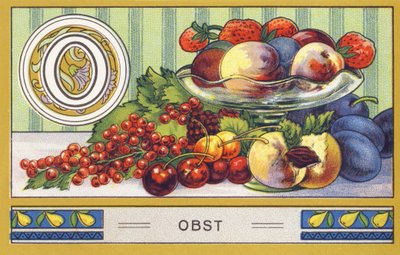 O : Obst - Alphabet Palmin.H. Schlinck & Cie, Hamburg, n.d.で出版された一連のクロモリトグラフ。Palmin feinstes Cocosfettの広告です。サイズ : 7 x 11 cm 作： William M. Timlin