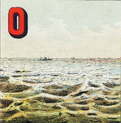 O：オーシャン地球を取り囲む計り知れない水の広さ。海の水は塩分を含んでおり、人間はそれを飲むことができない - Alphabet geographiqueから取られたエングレービング。Guerin-Muller et Cie, editeurs, Paris. 作： Unbekannt