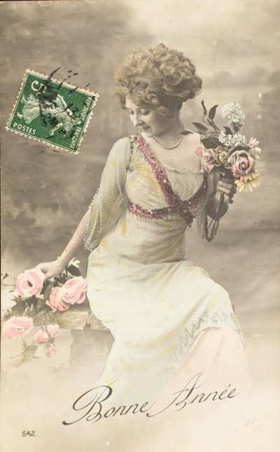 古い絵葉書/Happy year/Wish/Woman Belle Epoque 作： William M. Timlin