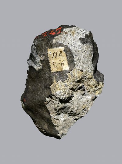 普通コンドライト（LL5）。1794年にシエナ（イタリア）で発見されたトムビー。パリの国立自然史博物館。 作： Unbekannt
