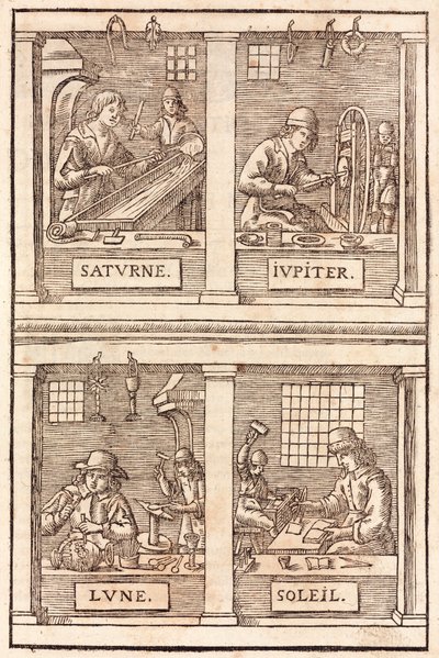 金銀細工師と錬金術の象徴：土星と鉛、木星と錫、月と銀、太陽と金 - Goldsmiths & Silversmiths Alchemical symbolism 作： Unbekannt