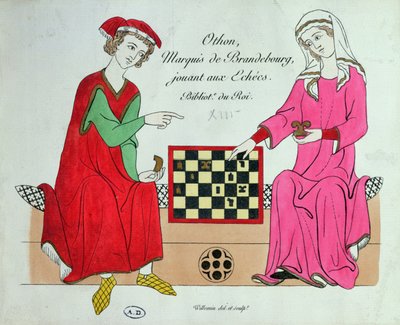女性とチェスをするブランデンブルク侯爵オットー4世（1305-40年頃にチューリッヒで作成されたマネッセ写本（Grosse Heidelberger Liederhandschrift）の複製からの挿絵）（カラーリトグラフ 作： Unbekannt
