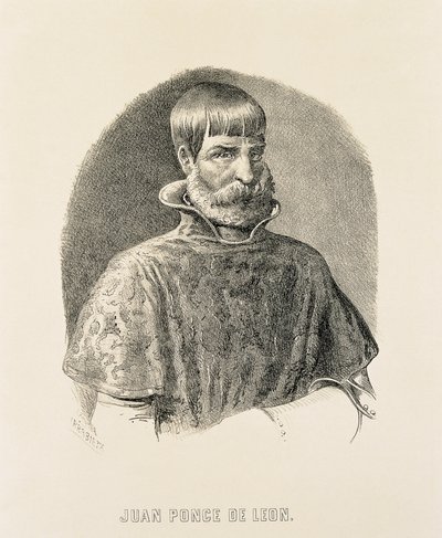 ポンセ・デ・レオン、フアン（1460-1521）。スペインのプエルトリコ征服者（1508年）、フロリダ発見者（1502年）（エングレーヴィング） 作： Unbekannter Künstler