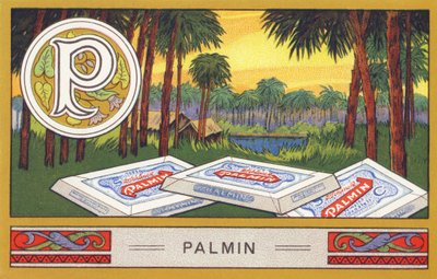 P：パルミン - アルファベットのパルミン。H. Schlinck & Cie, Hamburg, n.d.で出版された一連のクロモリトグラフ。Palmin feinstes Cocosfettの広告です。サイズ : 7 x 11 cm 作： William M. Timlin