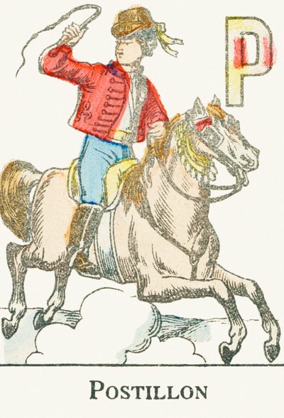 P：コサックの衣装を着た若い騎手、ポスティヨン - 1890年頃の「Alphabet des jeux」からの抜粋イラスト 作： Unbekannt