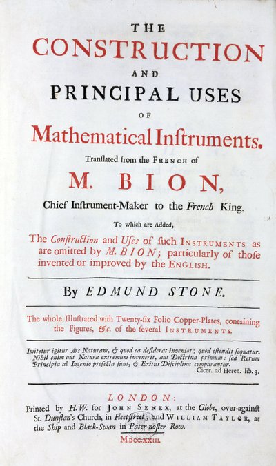 1723年にロンドンで出版されたニコラス・ビオン（1652-1933）の数学機器に関する本のタイトルページ。「英国式改良」を加えた英訳版。 作： Unbekannt