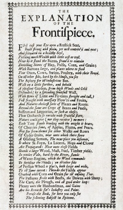 1697年にロンドンで出版されたジョン・ウォーリッジ（1669-1698年活躍）の「Systema agriculturae: the mystery of humourry discovered」の第4版のタイトルページと詩による説明。 作： Unbekannt