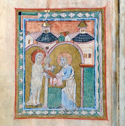 ヴェルチェッリ大聖堂の宝物庫にある「神殿での奉納」を描いた写本のページ 作： Unbekannt