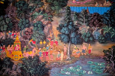 Maalauksia kyläkohtauksista Buddhan kanssa Thaimaassa, Wat bang riang, Thub Pat/ Paintings, Wat bang riang, Thub Pat, Phang Nga, Thaimaa, Aasia (kuva) 作： Unbekannter Künstler