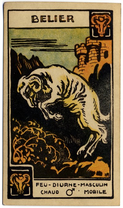 超常現象。 占星術。 牡羊座（ラム）。 占星術カード: Le Tarot Astrologique (Astrological Tarot)、Georges Muchery、フランス 作： Unbekannter Künstler