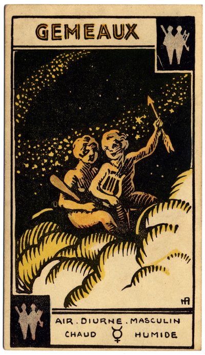 Paranormal. Astrology. Gemini (the Twins). Astrologic card from: Le Tarot Astrologique (Astrological Tarot), by Georges Muchery, France   1438865   ja       japanese Successfully Translated  Original: Olivia Returns to Her Family Translat: Olivia Returns t 作： Unbekannter Künstler