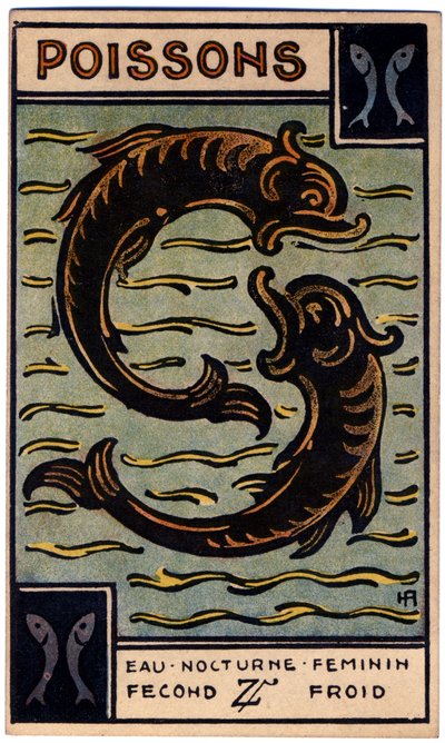 超常現象。 占星術。 うお座（魚）。 占星術カード: Le Tarot Astrologique (Astrological Tarot)、Georges Muchery、フランス 作： Unbekannter Künstler