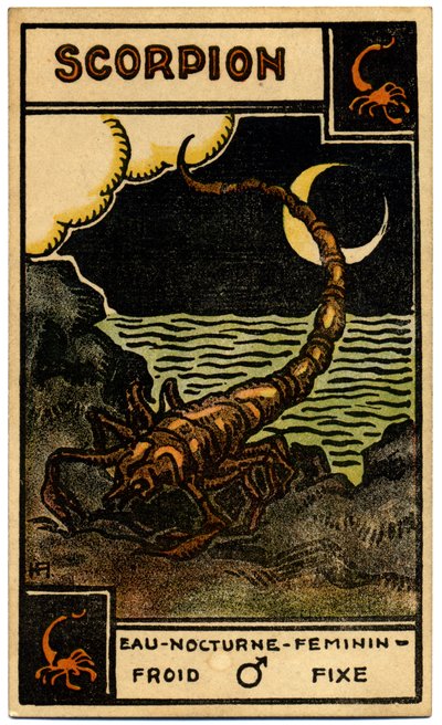 超常現象。 占星術。 蠍座（スコーピオン）。 占星術カード: Le Tarot Astrologique (Astrological Tarot)、Georges Muchery、フランス 作： Unbekannter Künstler