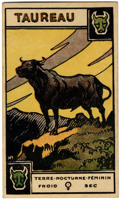 超常現象。 占星術。 おうし座（雄牛）。 占星術カード: Le Tarot Astrologique (Astrological Tarot)、Georges Muchery、フランス 作： Unbekannter Künstler