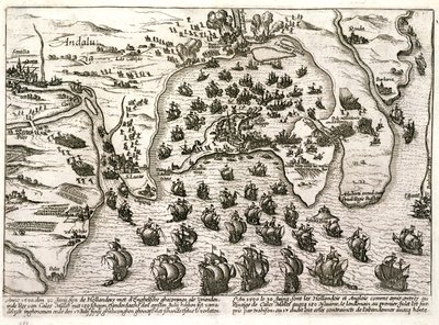 サー・ウォルター・ローリーによる攻撃時の1596年のカディス港の計画（彫刻） 作： Unbekannter Künstler