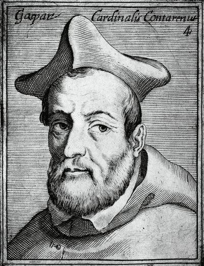 イタリアの枢機卿・司教Gasparo Contarini (1483-1542)の肖像、Claudius Pernetus作『Illustrissimorum, omnique virtutis, et scientiarum laude praestantissimoru virorum icones』からの彫刻。 作： William M. Timlin
