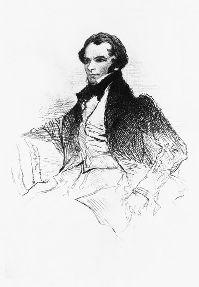 フランスの作家、劇作家、歴史家、考古学者であるプロスペル・メリミー（1803-1870）の肖像（モーリス・トゥルヌー著『プロスペル・メリミー、肖像、デッサン、書斎』より）。 作： William M. Timlin