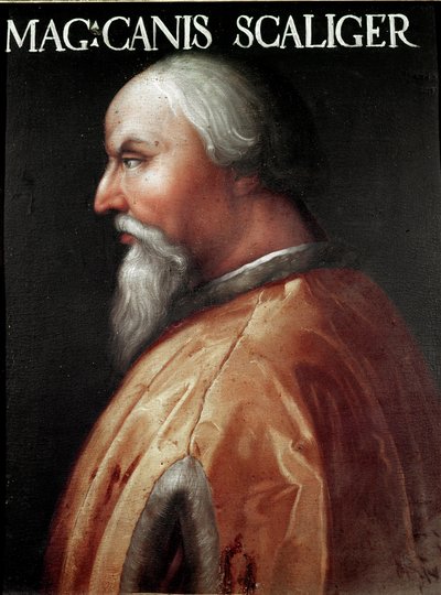 Cangrande I (1291-1329) と呼ばれる Verona Can Francesco della Scala の領主の肖像 匿名の絵画。 ウフィツィ美術館 (オフィス)、ジョヴィアーナ コレクション 作： Unbekannter Künstler