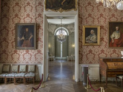 枢機卿の衣装を着たアルマン・ガストン・ド・ロハン（1674年～1749年）を含む男性の肖像画、ヒャカンテ・リゴー（1659年～1743年）の絵画。王子の大キャビネット、建築家ジェルマン・ボフラン（1667-1754）。ホテル・ドゥ・スービズ、パリ 作： Unbekannt