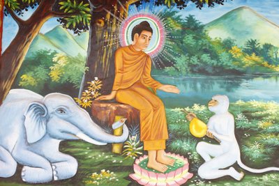 Preah Prom Rath MonasteryLife of BuddhaSiddhartha Gautama with the devoted elephant and monkey, Siem Reap, Cambodia 作： Unbekannt