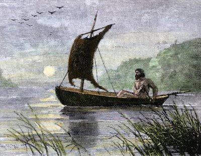 先史時代の航海術、動物の皮で帆を張った手漕ぎのカヌー。 作： Unbekannter Künstler