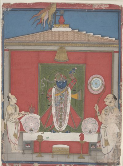 Priest Worshipping an Image of Shri Nathaji, mid-19th century (opaque watercolour on paper)   1456958   ja       japanese Successfully Translated  Original: Narcissus, Plum Tree and Landscape (ink & colour on paper) Translat: Narcissus, Plum Tree and Lands 作： Unbekannter Künstler