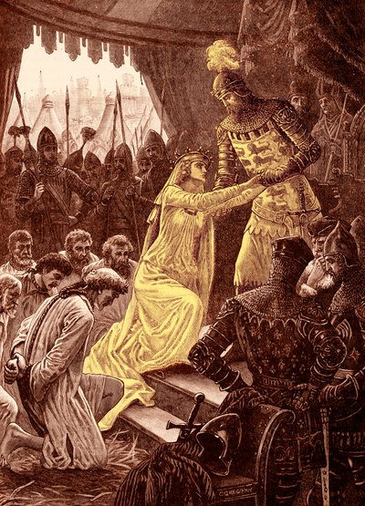 1347年の「カレーの市民のためにとりなすフィリッパ女王」（彫刻） 作： Unbekannter Künstler