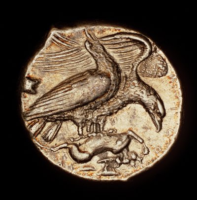 希少な古代ギリシャのコイン、ドラクマ銀貨、アグリゲンタム、ウサギを連れたワシ、紀元前410年頃（写真） 作： Unbekannter Künstler